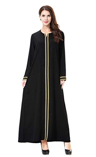 GladThink Mujer musulmán Kaftan Abaya Vestido de Cuello Redondo Maxi Oro L