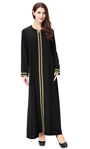 GladThink Mujer musulmán Kaftan Abaya Vestido de Cuello Redondo Maxi Oro M