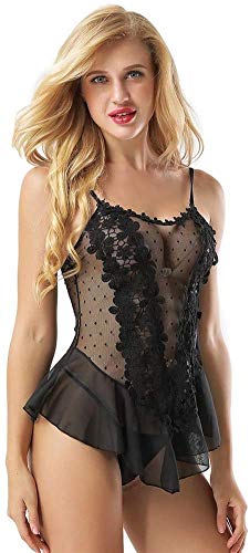 GLFERA Conjunto de lencería para Mujer Lencería Babydoll de Encaje Deep V See-Through Ropa de Dormir Femenina Mujeres Sexy Corset Sling Lencería Vestido -Negro