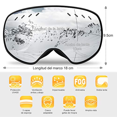 Glymnis Gafas de Esquí Máscara Gafas Esqui Snowboard OTG Super Gran Angular UV400 Protección para Hombre Mujer Adultos Jóvenes (Plateado)