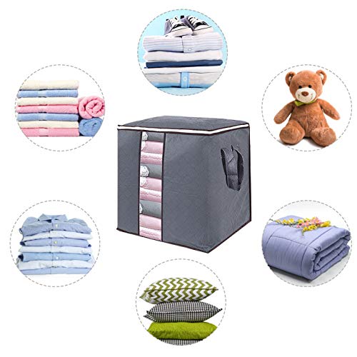 GoMaihe Bolsa de Almacenamiento de Ropa 4 Piezas, Cajas Almacenaje Ropa de Armario no Tejido de Gran Capacidad, Organizador de Transpirable con Cremallera Robusta, Edredon de Edredon, Manta, Gris