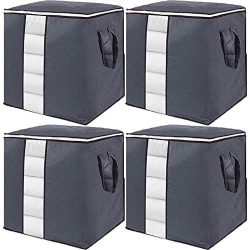 GoMaihe Bolsa de Almacenamiento de Ropa 4 Piezas, Cajas Almacenaje Ropa de Armario no Tejido de Gran Capacidad, Organizador de Transpirable con Cremallera Robusta, Edredon de Edredon, Manta, Gris