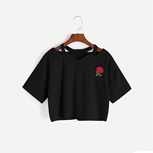Goodsatar Mujer Rosa Manga corta Casual Camiseta Mezcla de algodón Cuello en V Chaleco Tops Blusa (M, Negro)