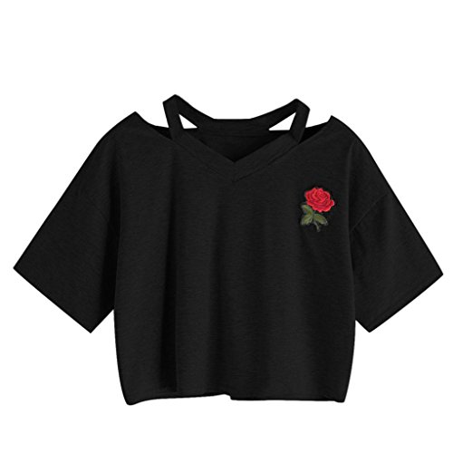 Goodsatar Mujer Rosa Manga corta Casual Camiseta Mezcla de algodón Cuello en V Chaleco Tops Blusa (M, Negro)