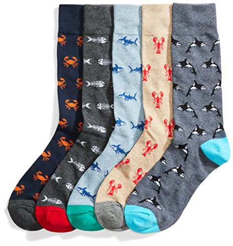 Goodthreads 5-Pack Patterned Socks Calcetines, Multicolor (Assorted Sea Life), Large Talla del Fabricante Taglia Produttore Shoe Size 8-12