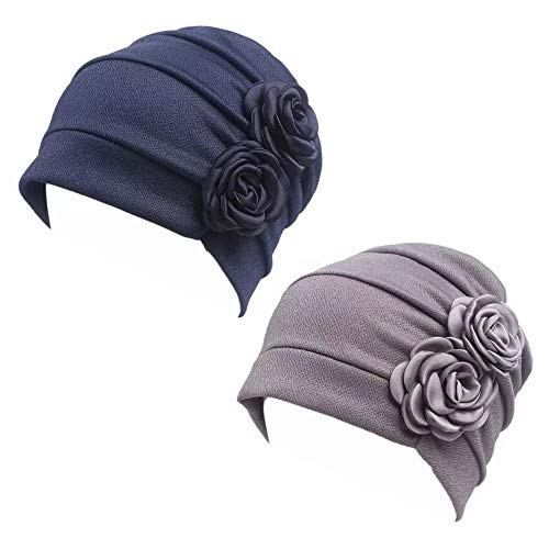 Gorra Beanie De Tela con 2 Flor De Adorno para Fiesta Boda Color Liso Turbante para Cabeza De Mujer para Cáncer Quimioterapia Chemo Oncológico Noche Pèrdida de Pelo Cabello 2 Unidades (D, 2)