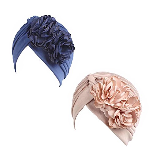 Gorra Beanie De Tela con Flor Color Liso Turbante para Cabeza De Mujer para Cáncer Quimioterapia Chemo Oncológico Noche Pèrdida de Pelo Cabello 2 Unidades (Crupo J, 2)