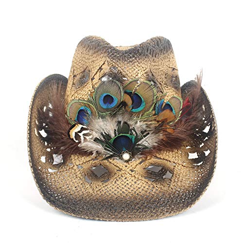 Gorras de cúpula de Moda Qiukui Sombrero de Vaquero del Oeste de Las Mujeres, Sombrero de Paja de Plumas de Verano for Dama de Playa, Gorra de Sol de Panamá Cowgirl Jazz, tamaño 56-58 CM