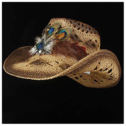 Gorras de cúpula de Moda Qiukui Sombrero de Vaquero del Oeste de Las Mujeres, Sombrero de Paja de Plumas de Verano for Dama de Playa, Gorra de Sol de Panamá Cowgirl Jazz, tamaño 56-58 CM