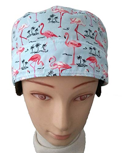 Gorro de quirófano Mujer FLAMENCOS ROSAS para Pelo Largo Enfermera Cirugía Dentista Veterinaria Cocina, Toalla en frente ajuste con goma y tensor