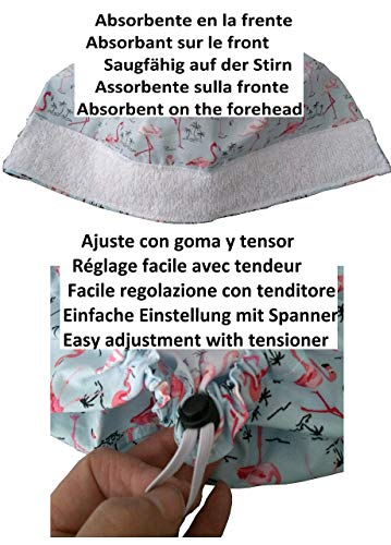 Gorro de quirófano Mujer FLAMENCOS ROSAS para Pelo Largo Enfermera Cirugía Dentista Veterinaria Cocina, Toalla en frente ajuste con goma y tensor