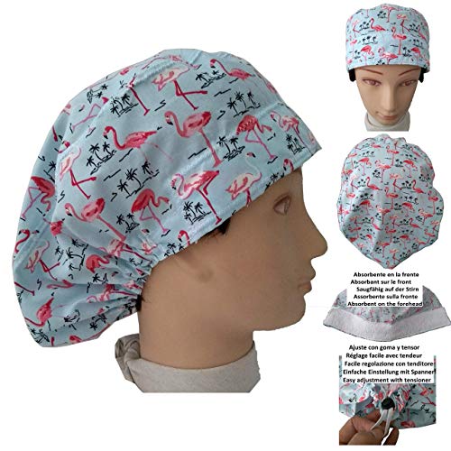 Gorro de quirófano Mujer FLAMENCOS ROSAS para Pelo Largo Enfermera Cirugía Dentista Veterinaria Cocina, Toalla en frente ajuste con goma y tensor