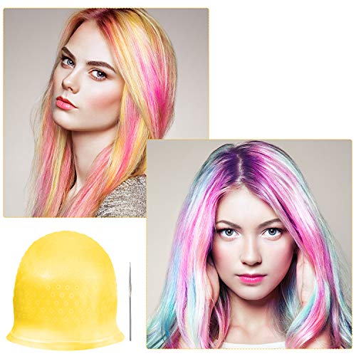 Gorro de Silicona Resaltado Gorro de Cabello Reutilizable Resaltado Gorro de Pelo de Tinte Color de Salón con Ganchos para Mujeres Chicas Teñir el Pelo(Amarillo)
