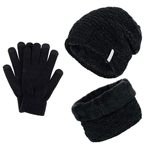 Gorro Invierno Hombre con Bufanda, Calentar Sombreros Gorras Beanie de Punto Forro de Lana, Gorro y Bufanda Invierno Hombre Beanie con Bufanda, Suave al Tacto, Agradable para la Piel (Negro)