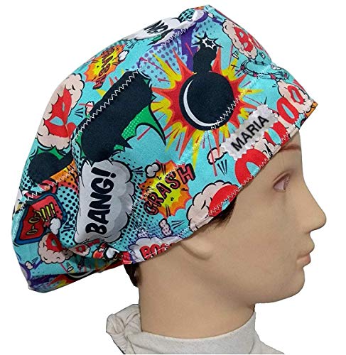 Gorro quirófano con botones BOOM con Nombre Bordado en Opciones, para Pelo Largo Enfermera Cirugía Dentista Veterinaria Cocina con absorbente en la frente y tamaño ajustable