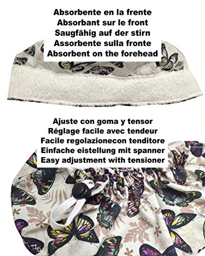 Gorro quirófano con botones MARIPOSAS con Nombre Bordado en Opciones, para Pelo Largo Enfermera Cirugía Dentista Veterinaria Cocina con absorbente en la frente y tamaño ajustable