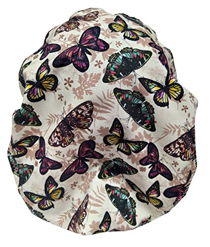 Gorro quirófano con botones MARIPOSAS con Nombre Bordado en Opciones, para Pelo Largo Enfermera Cirugía Dentista Veterinaria Cocina con absorbente en la frente y tamaño ajustable