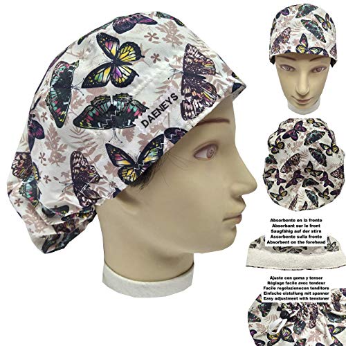 Gorro quirófano con botones MARIPOSAS con Nombre Bordado en Opciones, para Pelo Largo Enfermera Cirugía Dentista Veterinaria Cocina con absorbente en la frente y tamaño ajustable