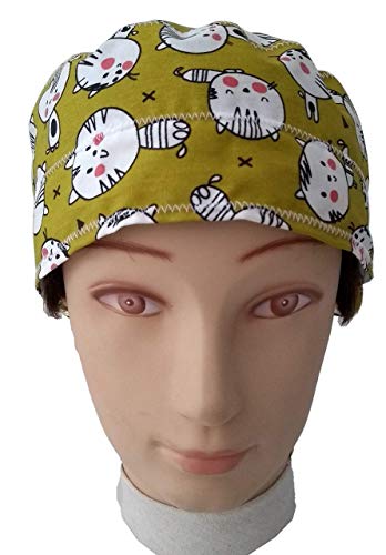 Gorro quirófano GATITOS Mujer para Pelo Largo Veterinaria Enfermera Dentista Cocina con toalla en la frente y ajustable fácil con tensor y goma