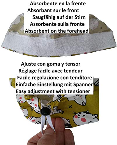 Gorro quirófano GATITOS Mujer para Pelo Largo Veterinaria Enfermera Dentista Cocina con toalla en la frente y ajustable fácil con tensor y goma