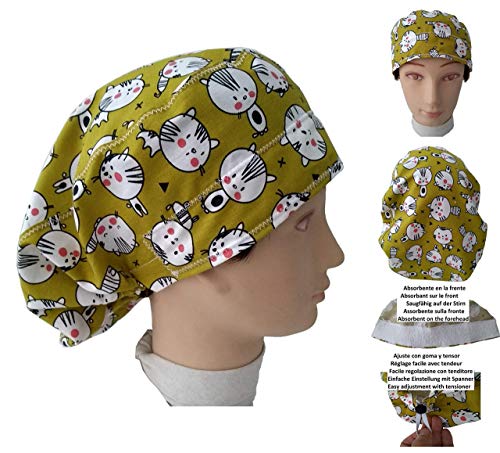 Gorro quirófano GATITOS Mujer para Pelo Largo Veterinaria Enfermera Dentista Cocina con toalla en la frente y ajustable fácil con tensor y goma