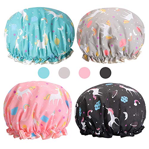 Gorros de Ducha, 4 Piezas Impermeable Gorros de Ducha Grande Reutilizables Gorro de Baño Elástico, Lavables Banda Gorros de Pelo para Mujeres Niña el Cuidado del Maquillaje Balneario