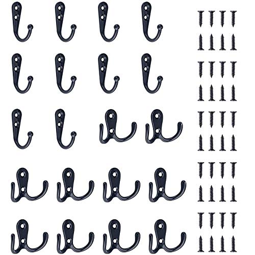 gotyou 20 Pieza Ganchos percheros Vintage, Estilo Vintage de Pared Solo Gancho para Ropa con 40 Tornillo, Metal Ganchos para Ropa, Gancho Simple de Estilo Retro para Cocina, Baño, Dormitorio(Negro)