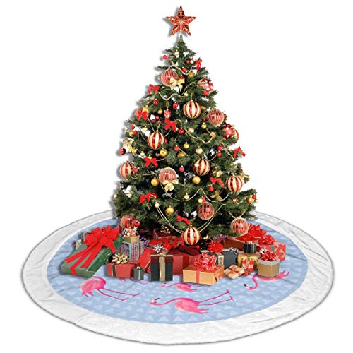 GOWINEU 48 Pulgadas, con Hermoso patrón Tropical con flamencos Rosados ​​en una Falda de árbol de Navidad Gris Claro, con Borde Blanco, Feliz Fiesta de Navidad, niños, Mujeres, Decoraciones navideñas