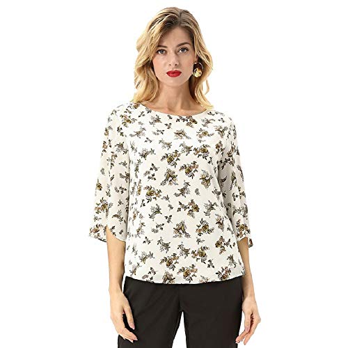 GRACE KARIN Blusa Mujer Moda Mujer Casual Gasa Camisa Informal Suelta Cuello Redondo Top Blusa de poliéster Floral 4S CLAF15-14