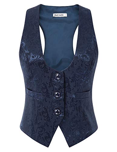 GRACE KARIN Chaleco Victoriano de Jacquard para Mujer Mediano Steampunk Azul Marino 2XL