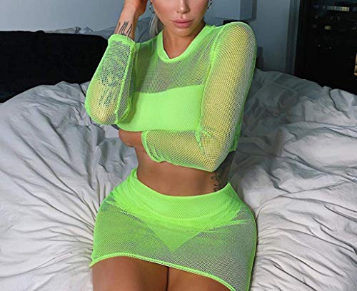Greetuny 1pcs Verde Fluorescente Mallas Blusas Sexy Verano Mujer Verano 2019 Tops Fiesta Push up Transparentes Camisetas Mujer Manga Larga (M)