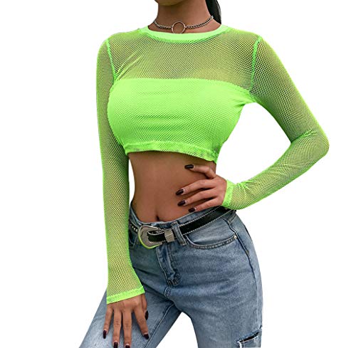 Greetuny 1pcs Verde Fluorescente Mallas Blusas Sexy Verano Mujer Verano 2019 Tops Fiesta Push up Transparentes Camisetas Mujer Manga Larga (M)