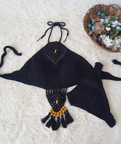 GREQ Traje de Baño Sexy Bañador Costume da bagno New Lady Set da bagno da spiaggia fatto a Mano all'uncinetto con Nappa divisa Bikini-Black_M