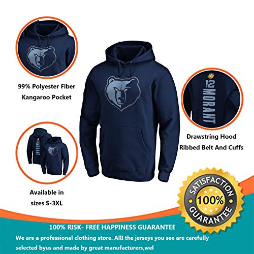 Grisáceos Ja Morant 12# Baloncesto Sudadera con Capucha para los Hombres-Jerseys del Deporte Retro Pullover Regalo Suelta la Camiseta de la Camiseta de Manga Larga de entrenamient B-L