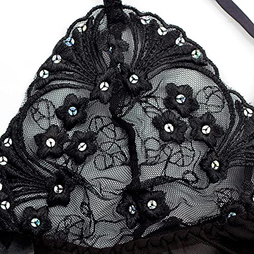 GROPC Camisón Mujer Sexy,Copa De Encaje Lazo Profundo V Malla Transparente Babydoll Halter Sling Vestido Conjunto De Lencería Chemise Plus Size Camisón Transpirable Sin Mangas con Tanga,Negro,M