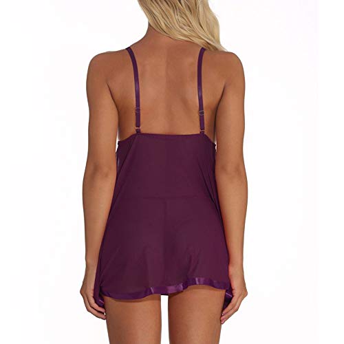 GROPC Camisón Mujer Sexy,Copa De Encaje Lazo Profundo V Malla Transparente Babydoll Halter Sling Vestido Conjunto De Lencería Chemise Plus Size Camisón Transpirable Sin Mangas con Tanga,Morado,L