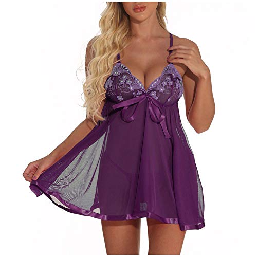 GROPC Camisón Mujer Sexy,Copa De Encaje Lazo Profundo V Malla Transparente Babydoll Halter Sling Vestido Conjunto De Lencería Chemise Plus Size Camisón Transpirable Sin Mangas con Tanga,Morado,L