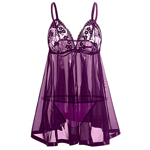 GROPC Camisón Mujer Sexy,Copa De Encaje Lazo Profundo V Malla Transparente Babydoll Halter Sling Vestido Conjunto De Lencería Chemise Plus Size Camisón Transpirable Sin Mangas con Tanga,Morado,L