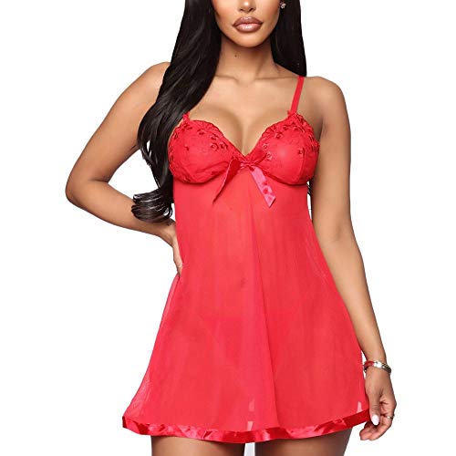 GROPC Camisón Mujer Sexy,Encaje Copa Lazo Profundo V Malla Transparente Babydoll Halter Sling Vestido Conjunto De Lencería Chemise Plus Size Camisón Transpirable Sin Mangas con Tanga,Rojo,L