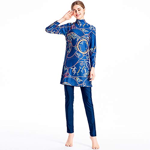 Grsafety Impresión Mujeres Musulmanas Traje de baño - 3 Piezas Modeste Burkini Completa Muslim Swimwear con Hijab Burqini Beachwear Tankini, Azul, XL