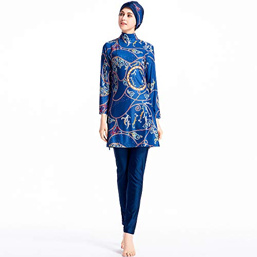 Grsafety Impresión Mujeres Musulmanas Traje de baño - 3 Piezas Modeste Burkini Completa Muslim Swimwear con Hijab Burqini Beachwear Tankini, Azul, XL