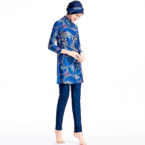 Grsafety Impresión Mujeres Musulmanas Traje de baño - 3 Piezas Modeste Burkini Completa Muslim Swimwear con Hijab Burqini Beachwear Tankini, Azul, XL