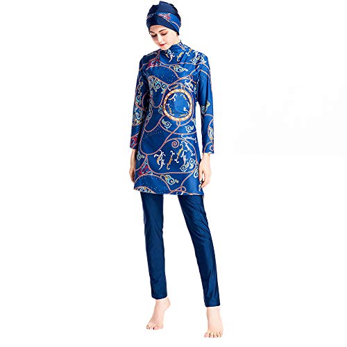 Grsafety Impresión Mujeres Musulmanas Traje de baño - 3 Piezas Modeste Burkini Completa Muslim Swimwear con Hijab Burqini Beachwear Tankini, Azul, XL
