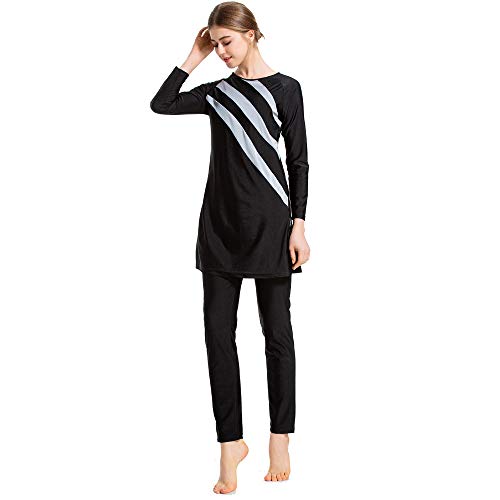 Grsafety Mujeres Musulmanas Traje de baño - 3 Piezas Modeste Burkini Completa Muslim Swimwear con Hijab Burqini Beachwear Tankini, Negro-Gris, L