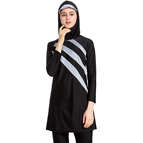 Grsafety Mujeres Musulmanas Traje de baño - 3 Piezas Modeste Burkini Completa Muslim Swimwear con Hijab Burqini Beachwear Tankini, Negro-Gris, L