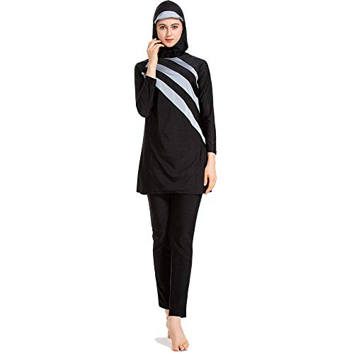 Grsafety Mujeres Musulmanas Traje de baño - 3 Piezas Modeste Burkini Completa Muslim Swimwear con Hijab Burqini Beachwear Tankini, Negro-Gris, L