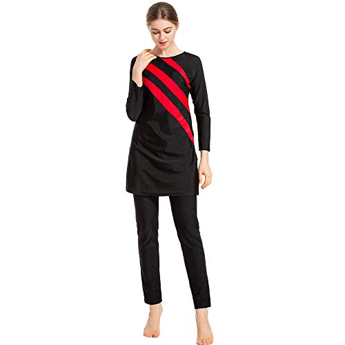 Grsafety Mujeres Musulmanas Traje de baño - 3 Piezas Modeste Burkini Completa Muslim Swimwear con Hijab Burqini Beachwear Tankini, Negro-Rojo, 3XL