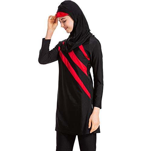Grsafety Mujeres Musulmanas Traje de baño - 3 Piezas Modeste Burkini Completa Muslim Swimwear con Hijab Burqini Beachwear Tankini, Negro-Rojo, 3XL