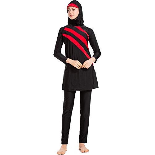 Grsafety Mujeres Musulmanas Traje de baño - 3 Piezas Modeste Burkini Completa Muslim Swimwear con Hijab Burqini Beachwear Tankini, Negro-Rojo, 3XL