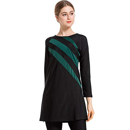 Grsafety Mujeres Musulmanas Traje de baño - 3 Piezas Modeste Burkini Completa Muslim Swimwear con Hijab Burqini Beachwear Tankini, Negro-Verde, 2XL